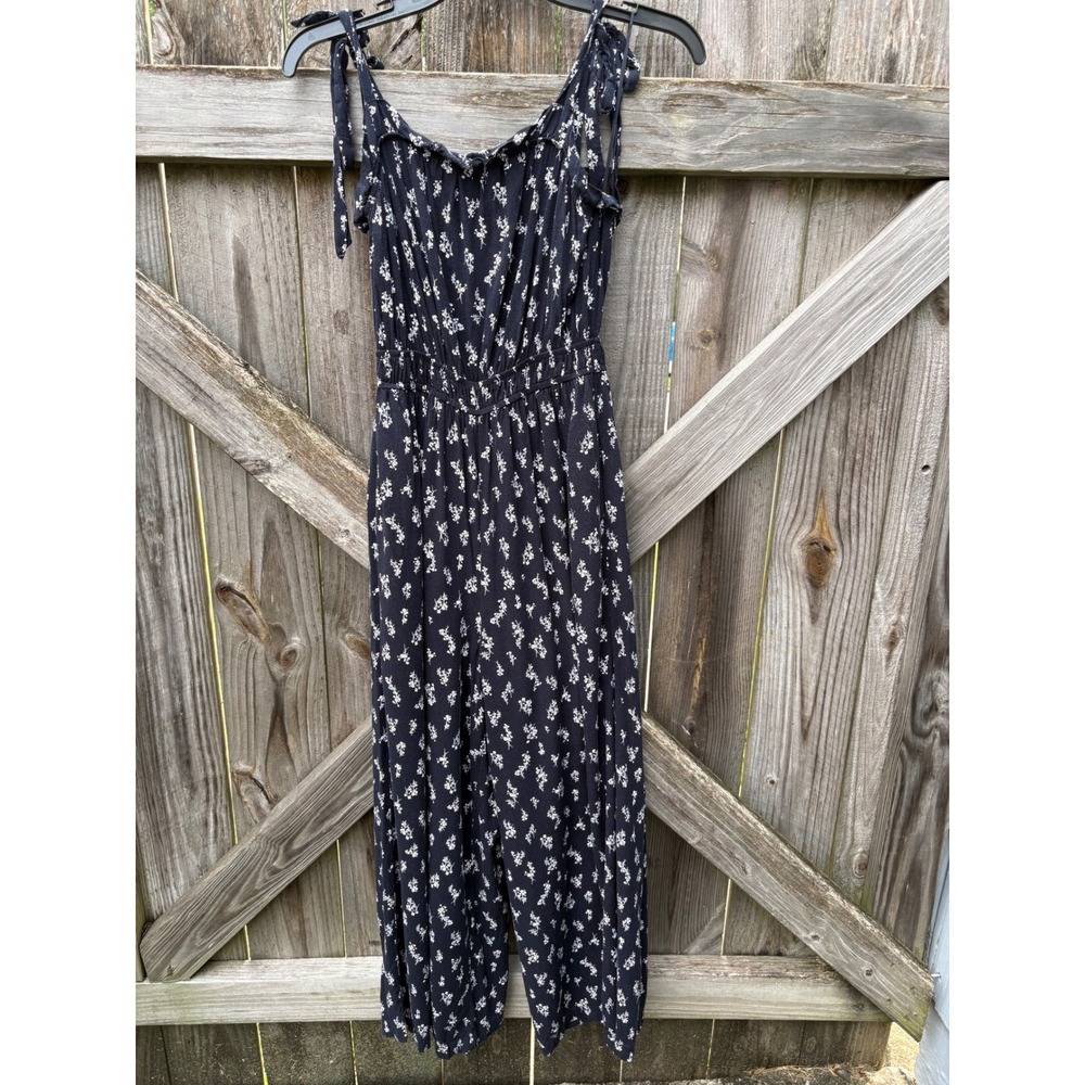 Mi‎ Ami Floral Tie Strap Wide Leg Jumpsuit Small Navy White Ruffle Sleeveless